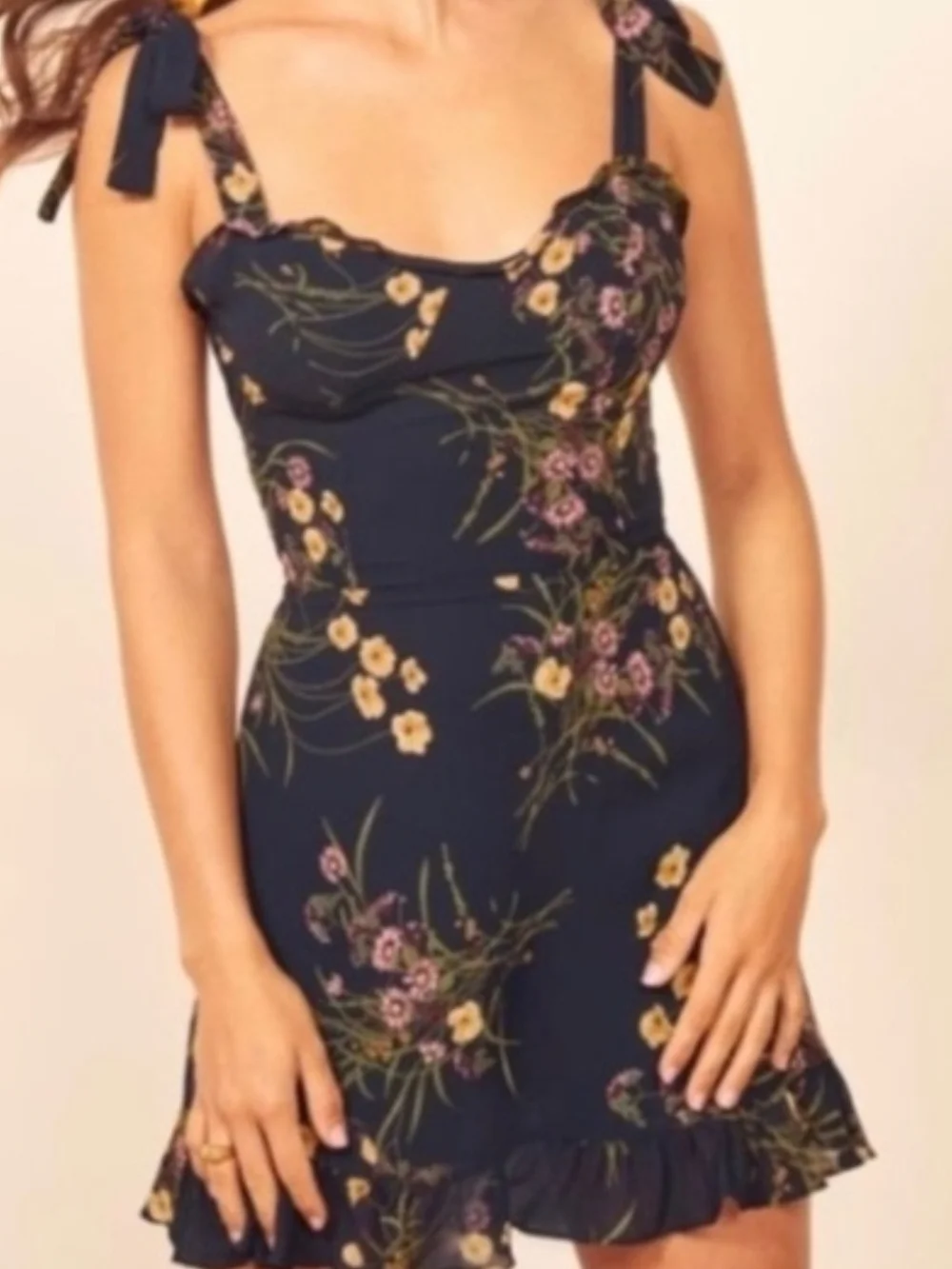 Reformation Christine Navy Floral Tie-Shoulder Mini Dress In Mademoiselle - Picture 1 of 5